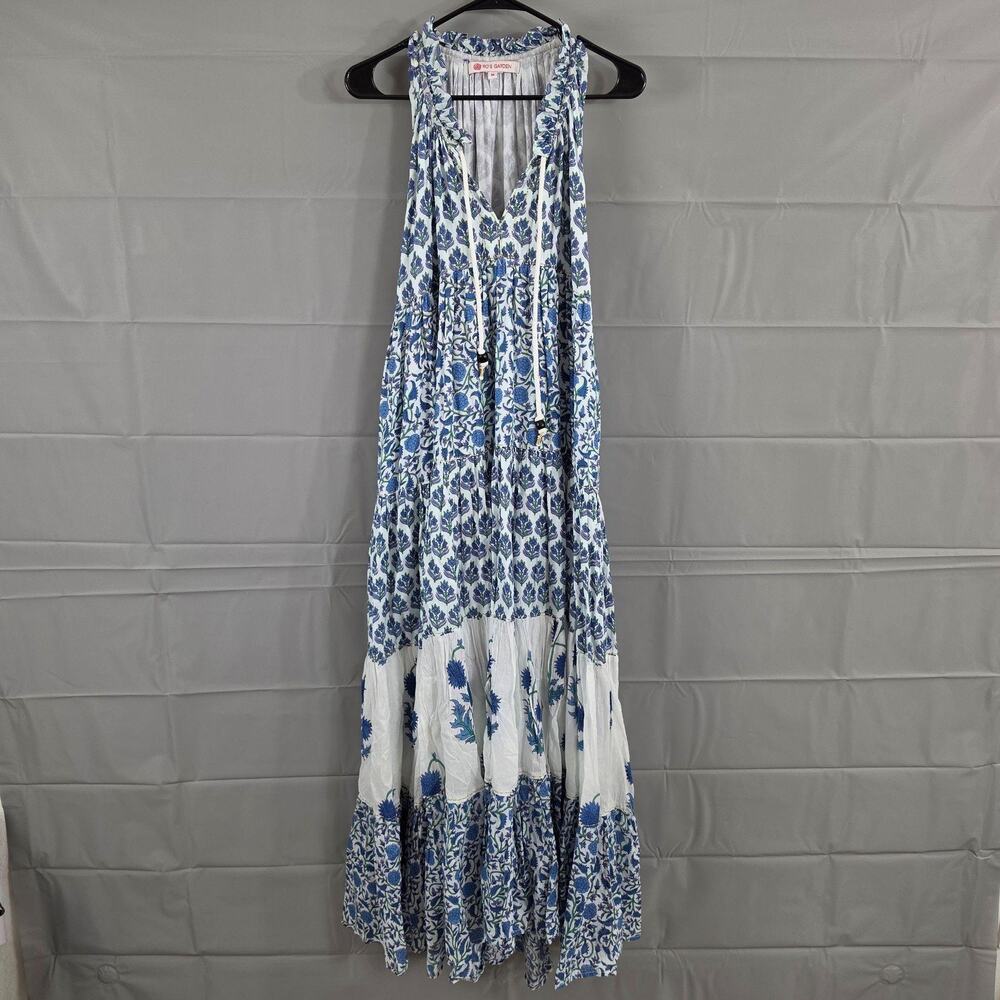 Ros Garden Dress Medium Sofia Tiered Maxi Blue Floral Boho Resort Summer Vacatio - Picture 5 of 14